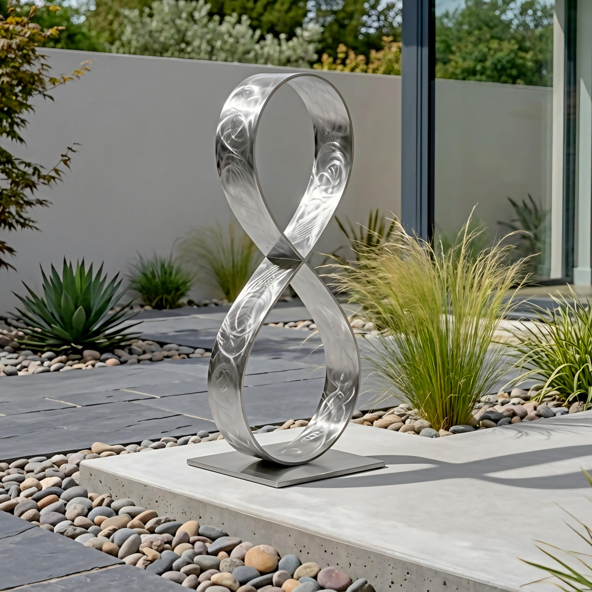A modern garden sculpture of a metallic ring stands on a concrete platform surrounded by various plants and rocks.
