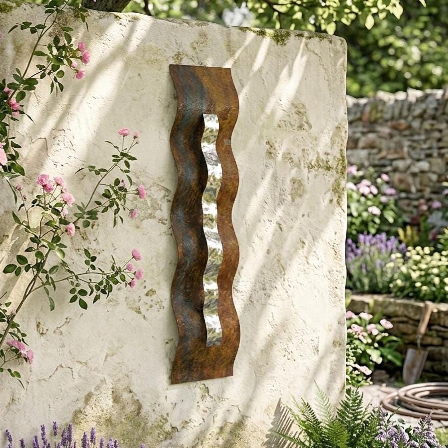 a rustic garden scene with a decorative metal sculpture on a stone wall, surrounded by lush greenery and colorful flowers.