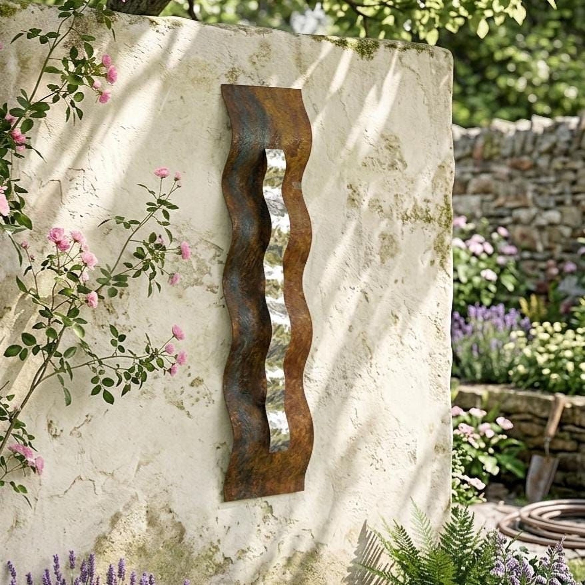 a rustic garden scene with a decorative metal sculpture on a stone wall, surrounded by lush greenery and colorful flowers.