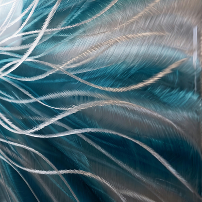a close up of a blue and white feather