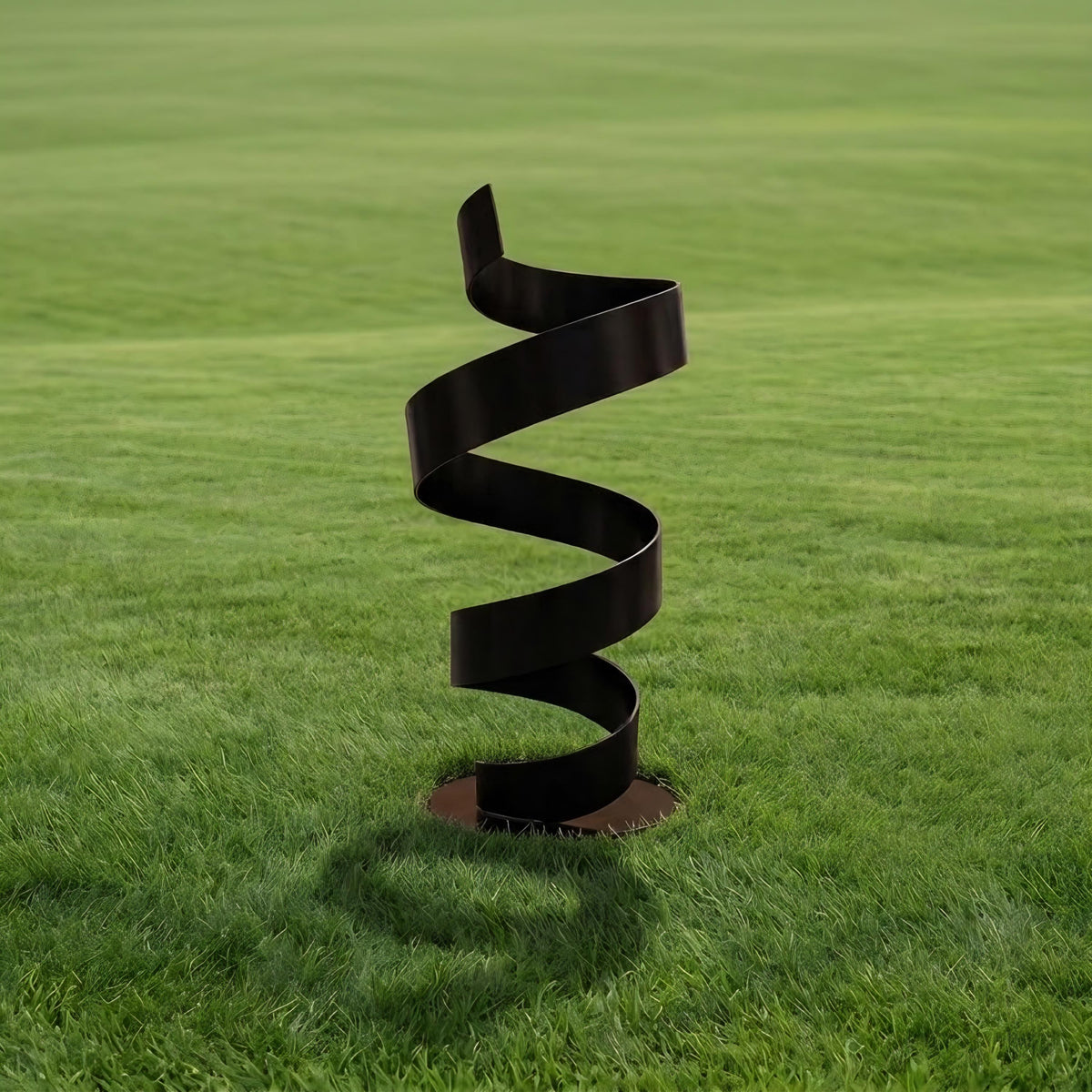 A black spiral sculpture stands in a grassy field, its intricate design contrasting with the surrounding greenery.