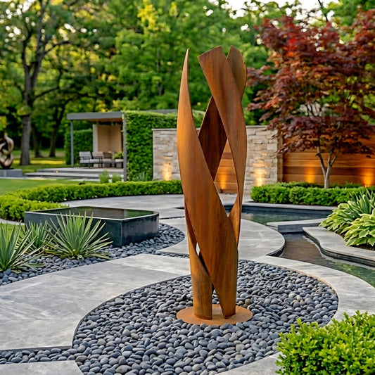 a modern garden with a unique, abstract sculpture made of wood and metal, situated in a rock-lined pond surrounded by lush greenery and trees.