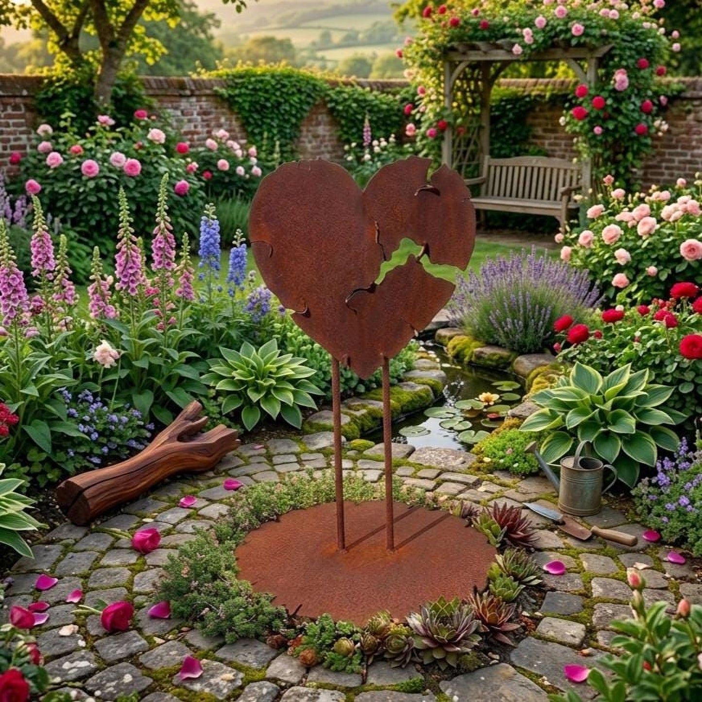 A rust-colored metal heart-shaped sculpture stands in a lush garden, surrounded by a variety of colorful flowers and plants.