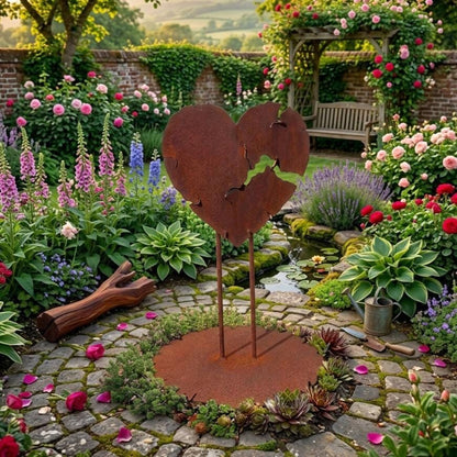 A rust-colored metal heart-shaped sculpture stands in a lush garden, surrounded by a variety of colorful flowers and plants.