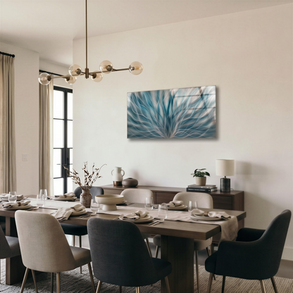 a dining room table with chairs and a painting on the wall
