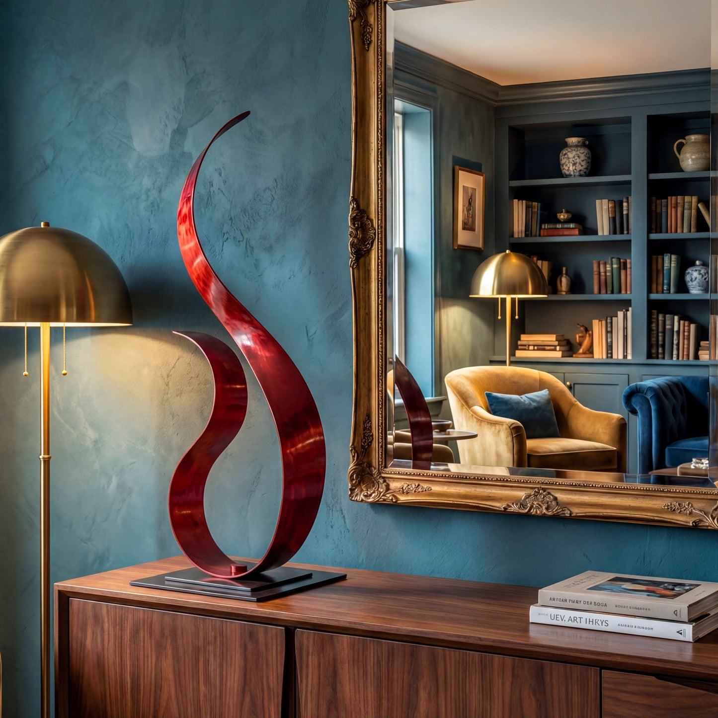 a modern living room with a large mirror, a red abstract sculpture, a wooden sideboard, and a bookshelf filled with books.