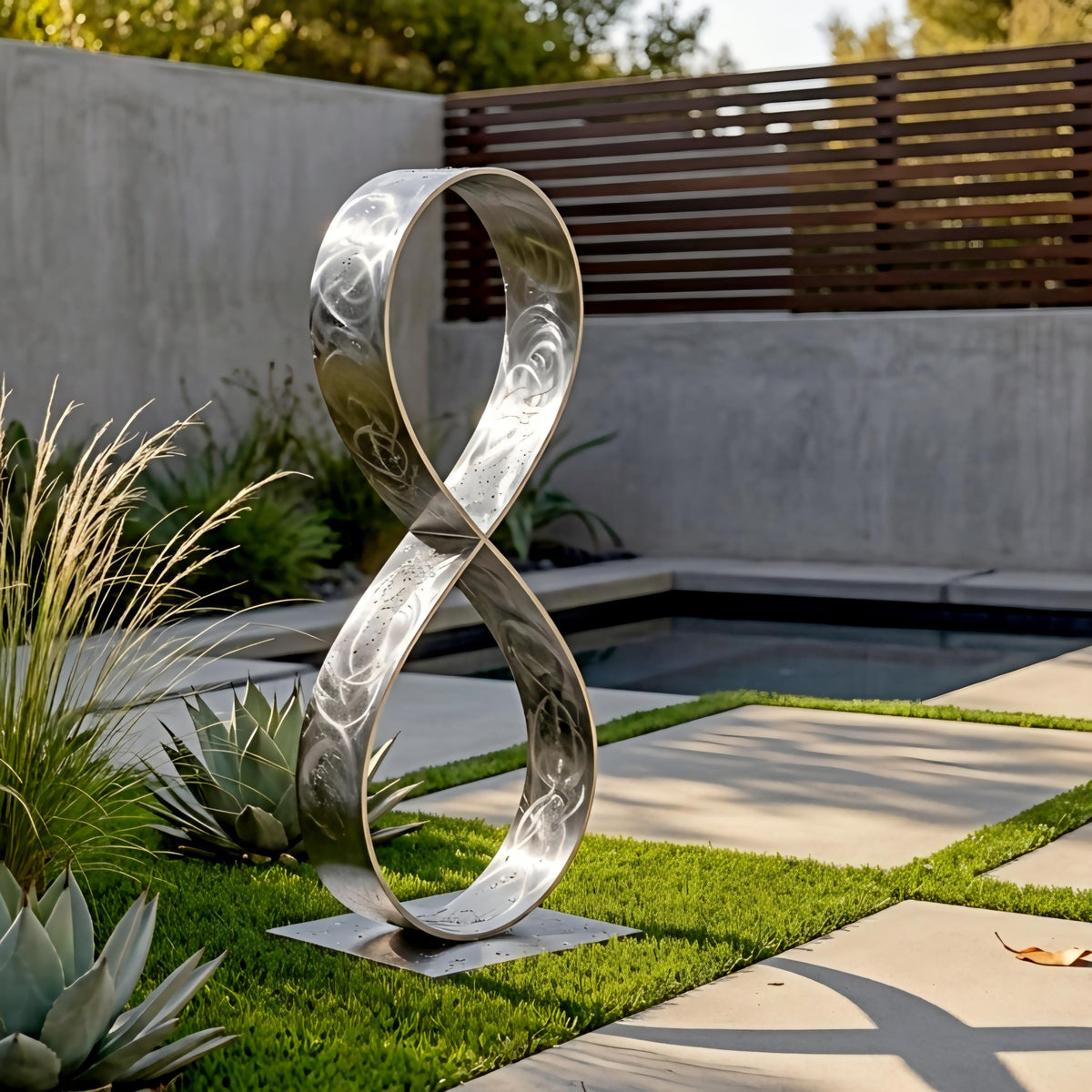 a modern outdoor sculpture composed of a metallic ring-like structure, situated in a garden setting with a pool and a wooden fence in the background.