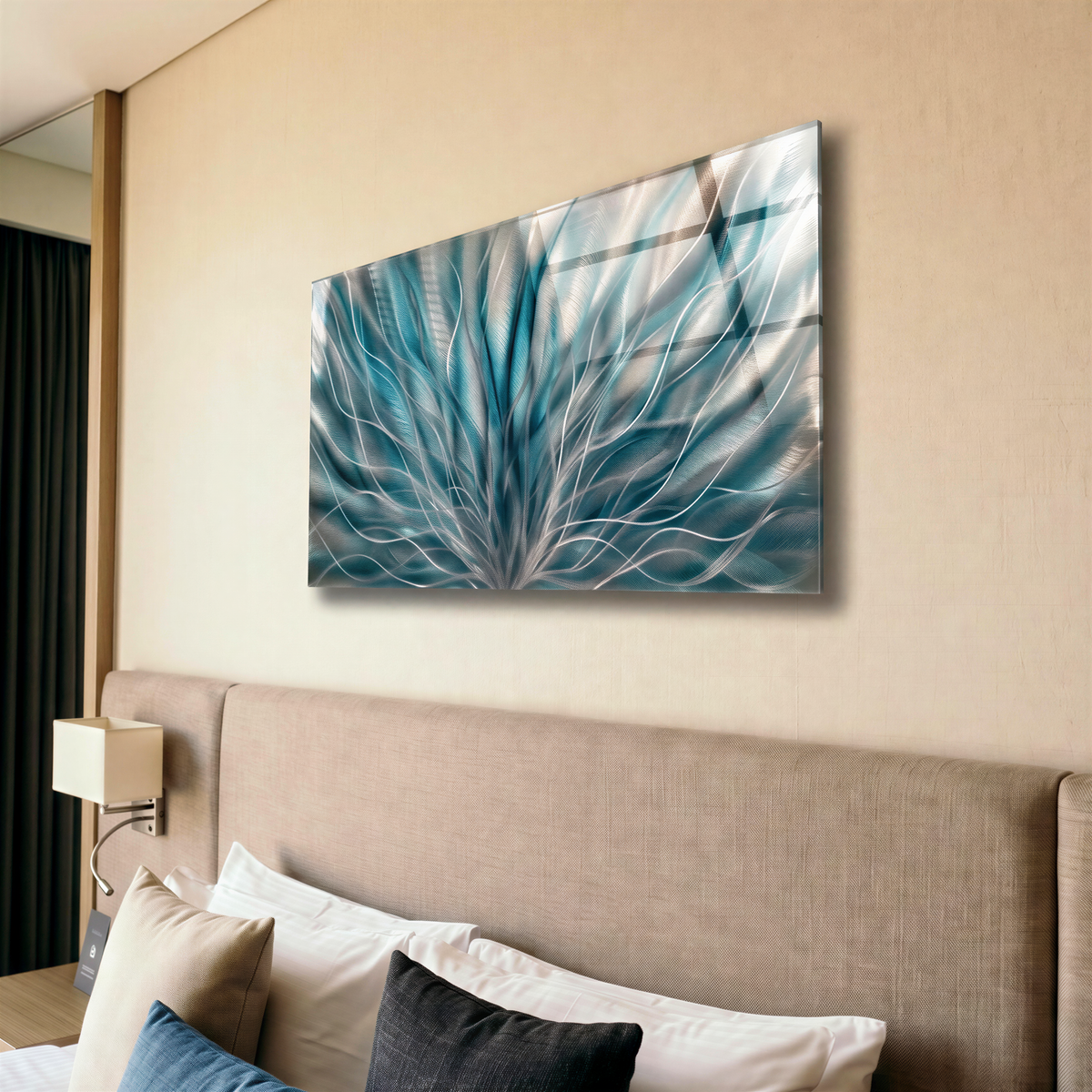 a bed with pillows and a painting on the wall