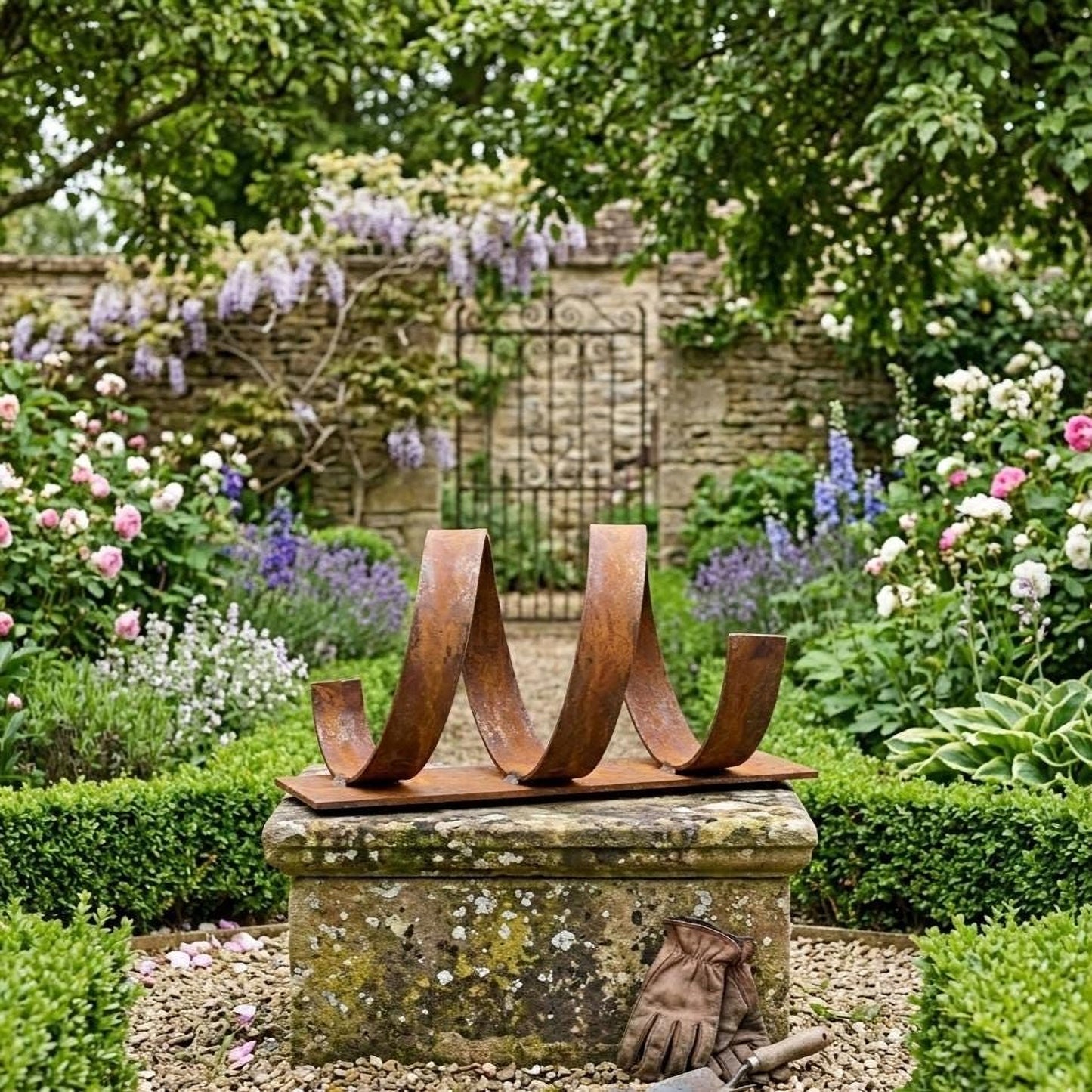 A rustic garden sculpture made of curved metal stands in a lush garden, surrounded by blooming flowers and greenery.