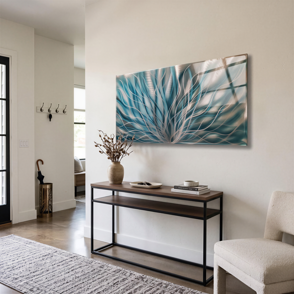 a living room with a couch and a painting on the wall