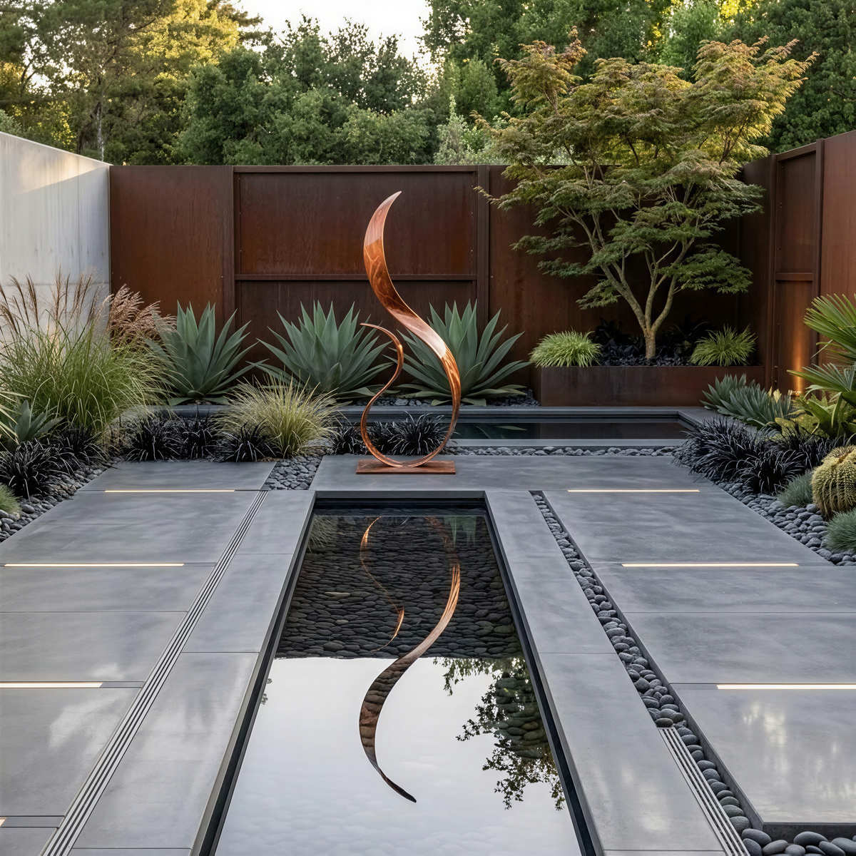 a modern garden design with a central water feature, surrounded by various plants and a large metal sculpture.