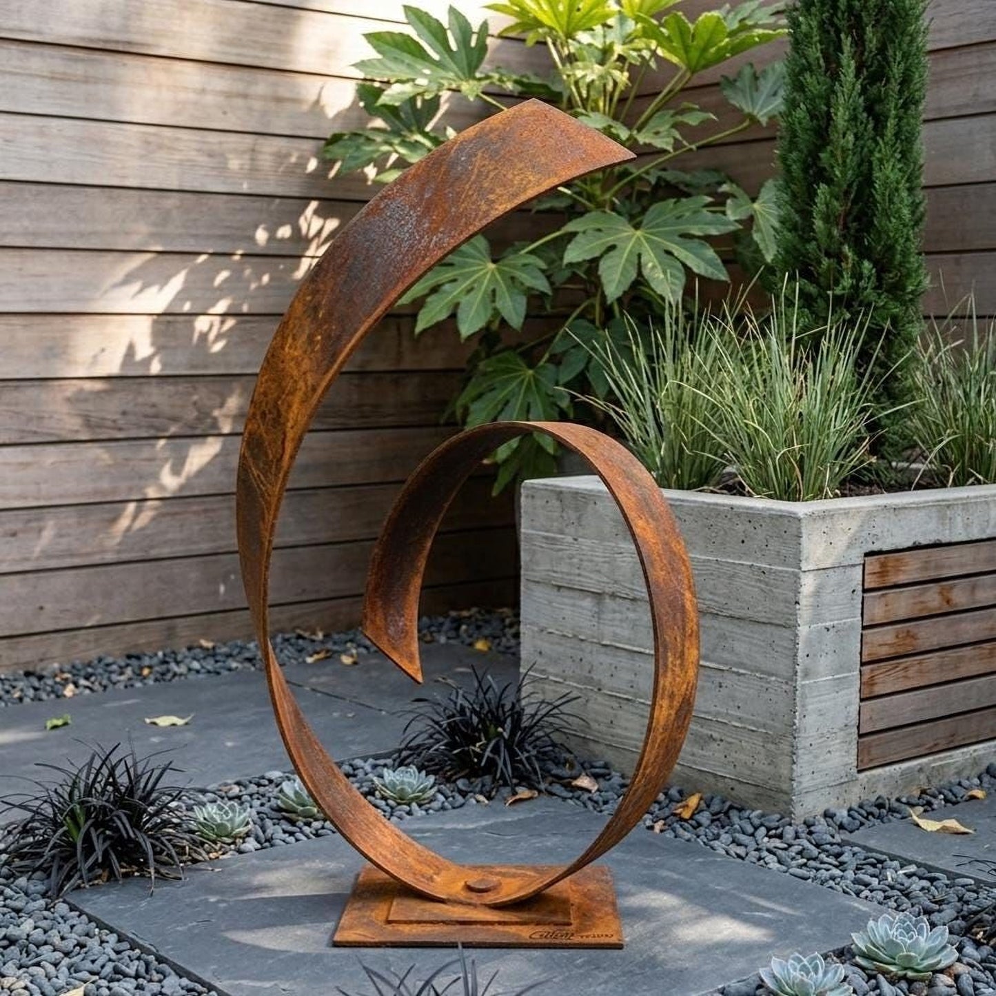 a large, rusted metal sculpture with a curved, metallic design, situated in a garden setting with plants and a wooden fence.
