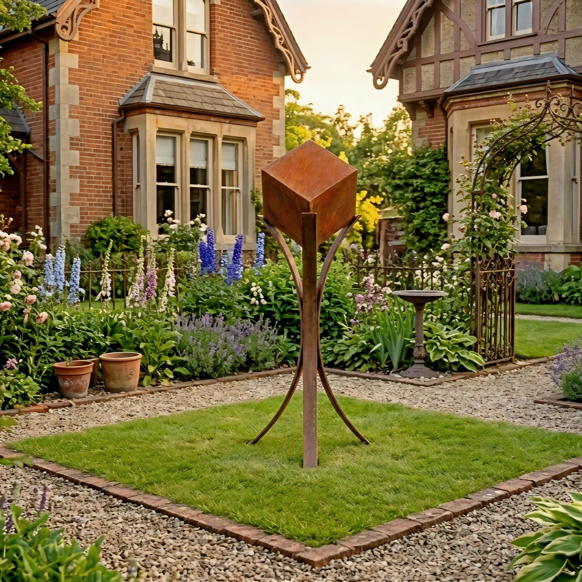A large, rust-colored sculpture stands in a well-manicured garden, surrounded by lush greenery and colorful flowers.