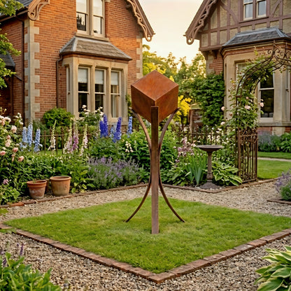 A large, rust-colored sculpture stands in a well-manicured garden, surrounded by lush greenery and colorful flowers.