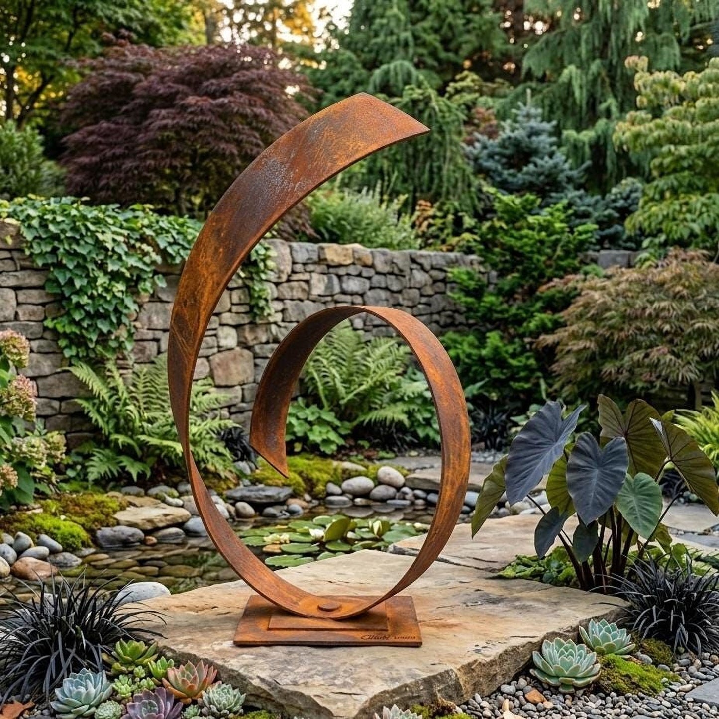 A large, rusted metal sculpture resembling a snake or snake coiled around a circular base, situated in a lush garden with various plants and a small pond.