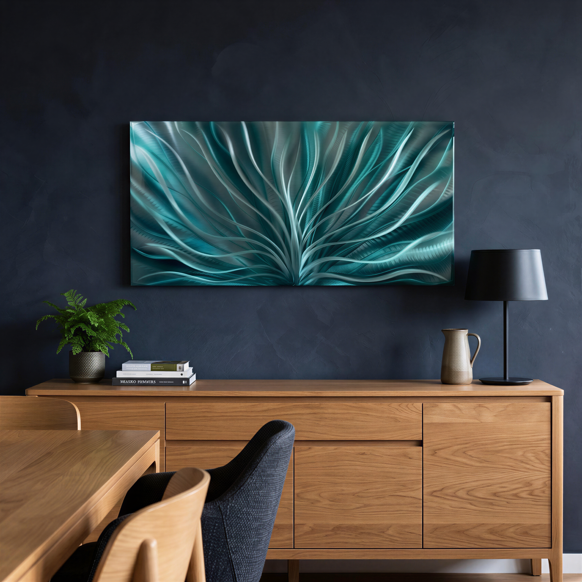 a painting on the wall of a dining room