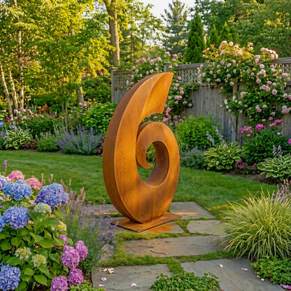 A large, abstract sculpture resembling a number 6 stands in a lush garden surrounded by colorful flowers and greenery.