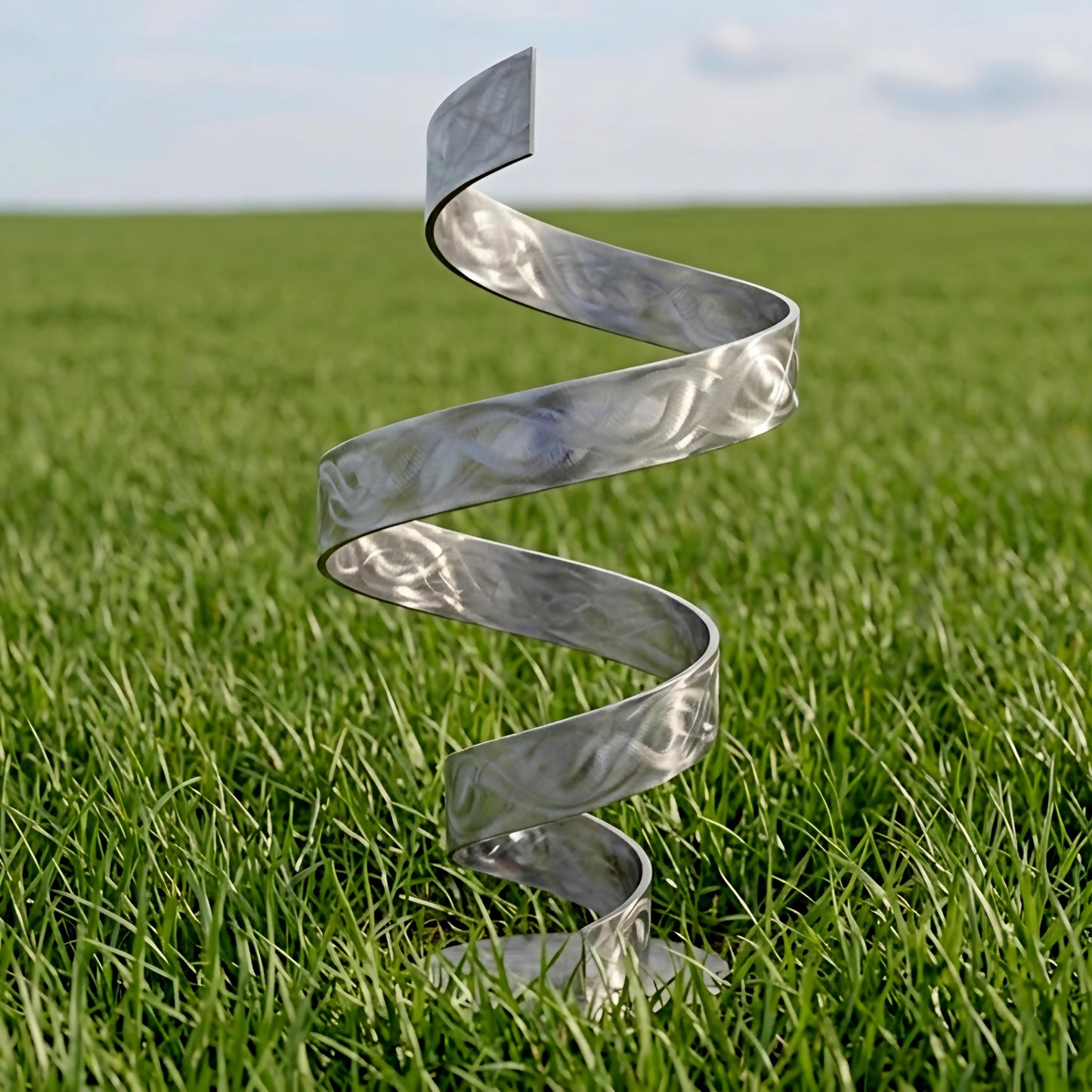 A metal spiral sculpture stands in a grassy field, its intricate design and curved form creating a visually striking contrast against the natural surroundings.