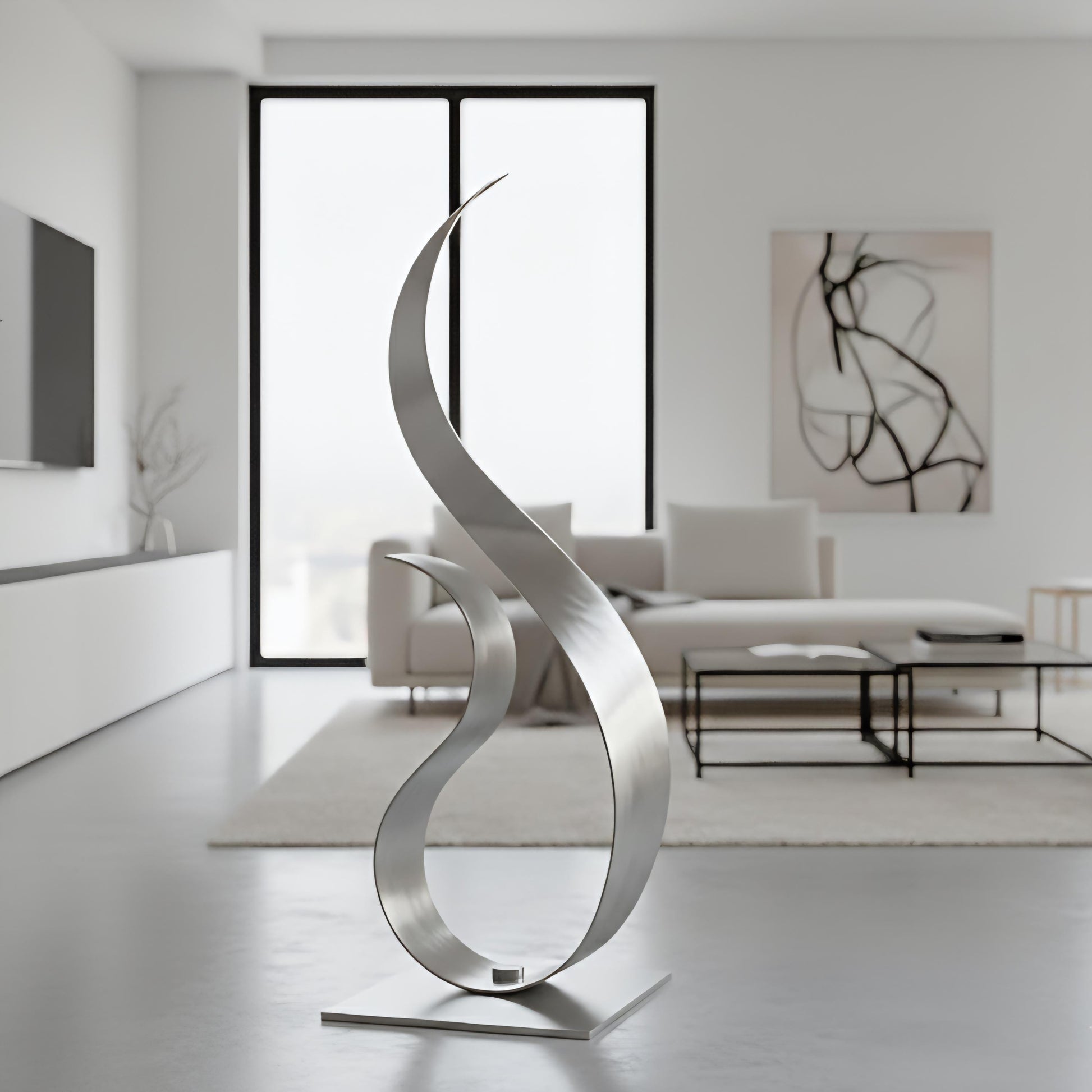 a modern, minimalist living room with a large, abstract sculpture in the foreground.