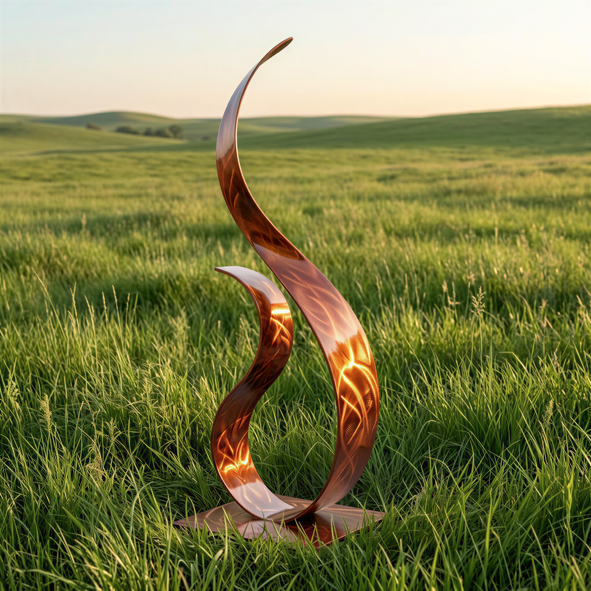 A large, abstract sculpture resembling a flame or fire stands in a grassy field, with rolling hills in the background.
