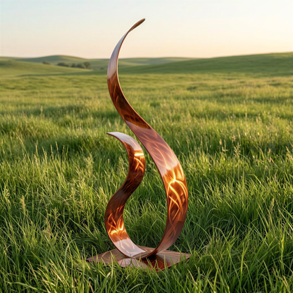 A large, abstract sculpture resembling a flame or fire stands in a grassy field, with rolling hills in the background.