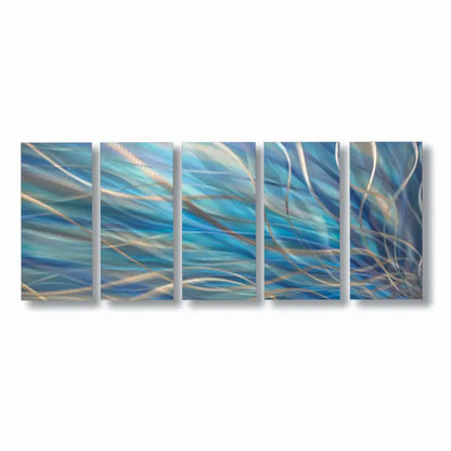 5 Panel Wall Art Titled "Kosmosis" Blue Edition - Modern Elements Metal Art