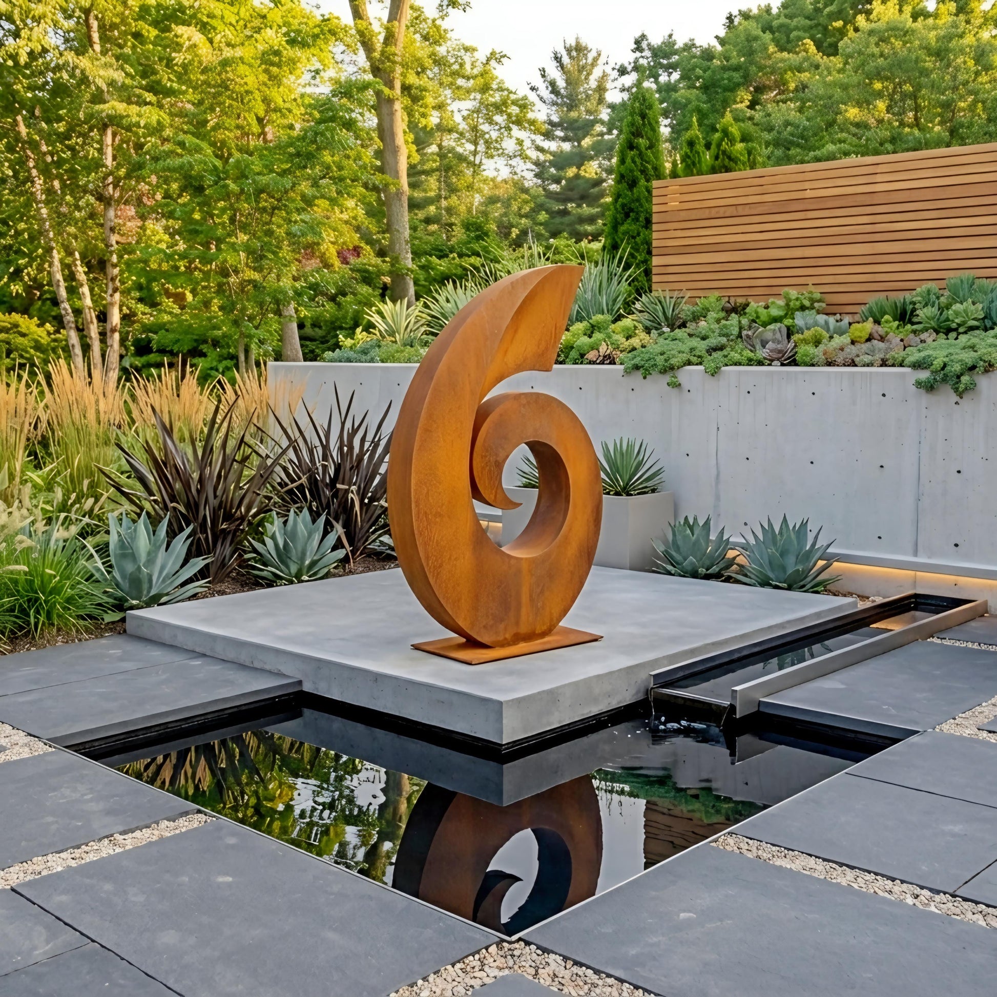 a modern garden design with a large, abstract sculpture resembling a spiral or wave-like shape situated in a reflective pool surrounded by various plants and trees.