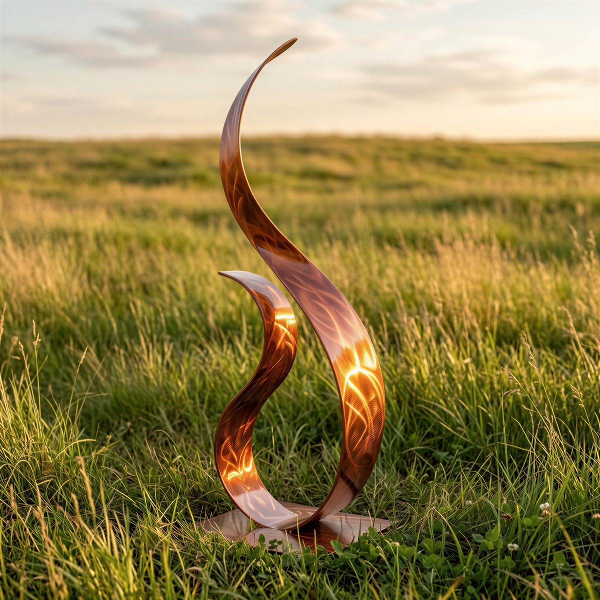 A large, abstract sculpture resembling a flame or fire stands in a grassy field, with a warm, golden glow emanating from it.