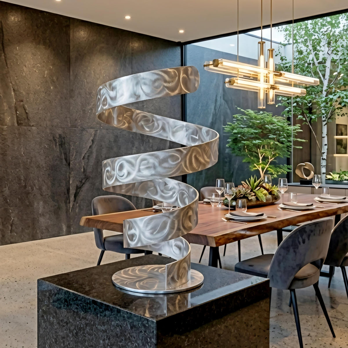 a modern dining room with a large spiral sculpture on a pedestal, surrounded by a wooden table and chairs. The room has a sleek and contemporary design, with a large window providing natural light and a view of the outdoors.