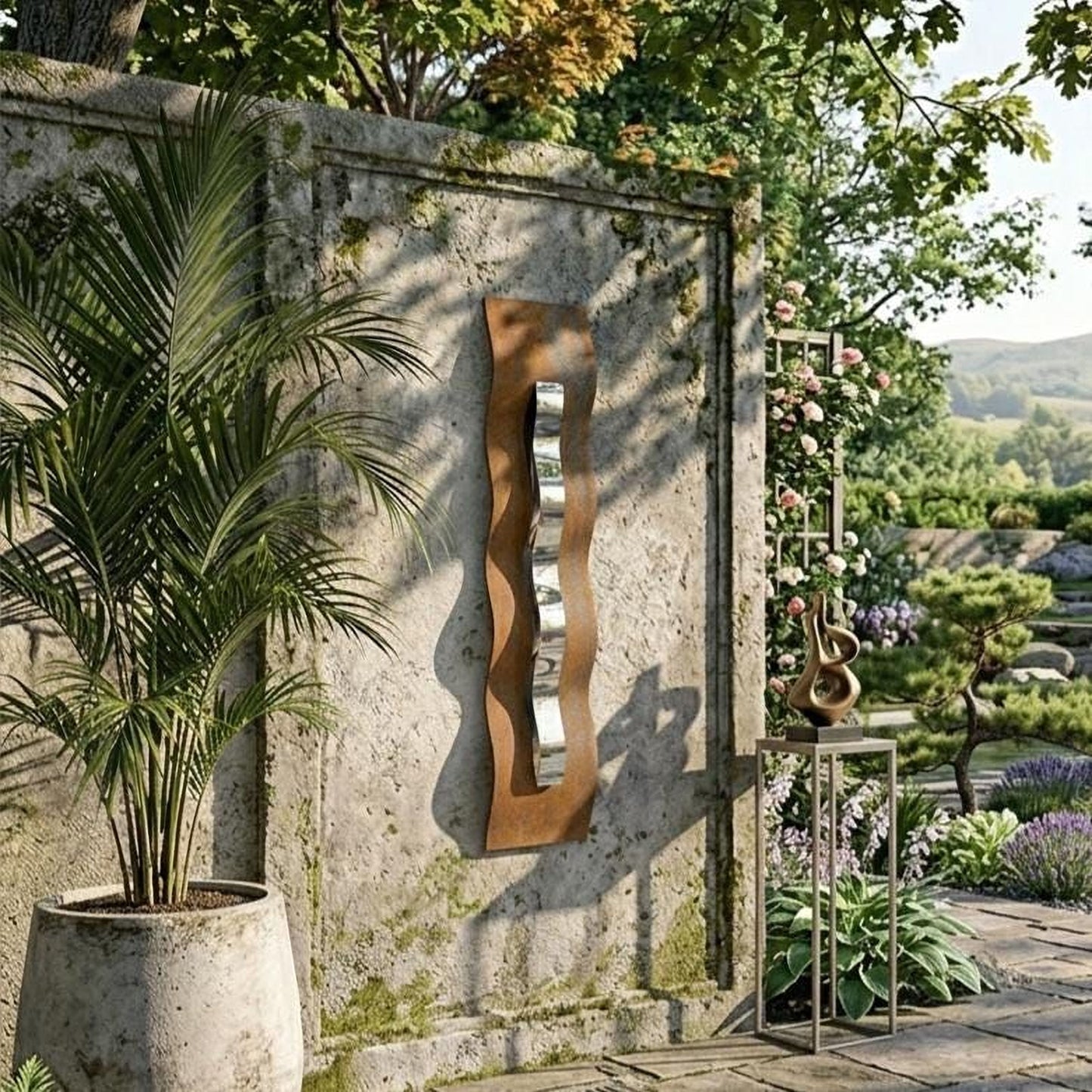 a garden with a large potted palm plant, a wooden sculpture, and a small table with a vase of flowers. The garden is surrounded by lush greenery and a stone wall, creating a serene and tranquil atmosphere.