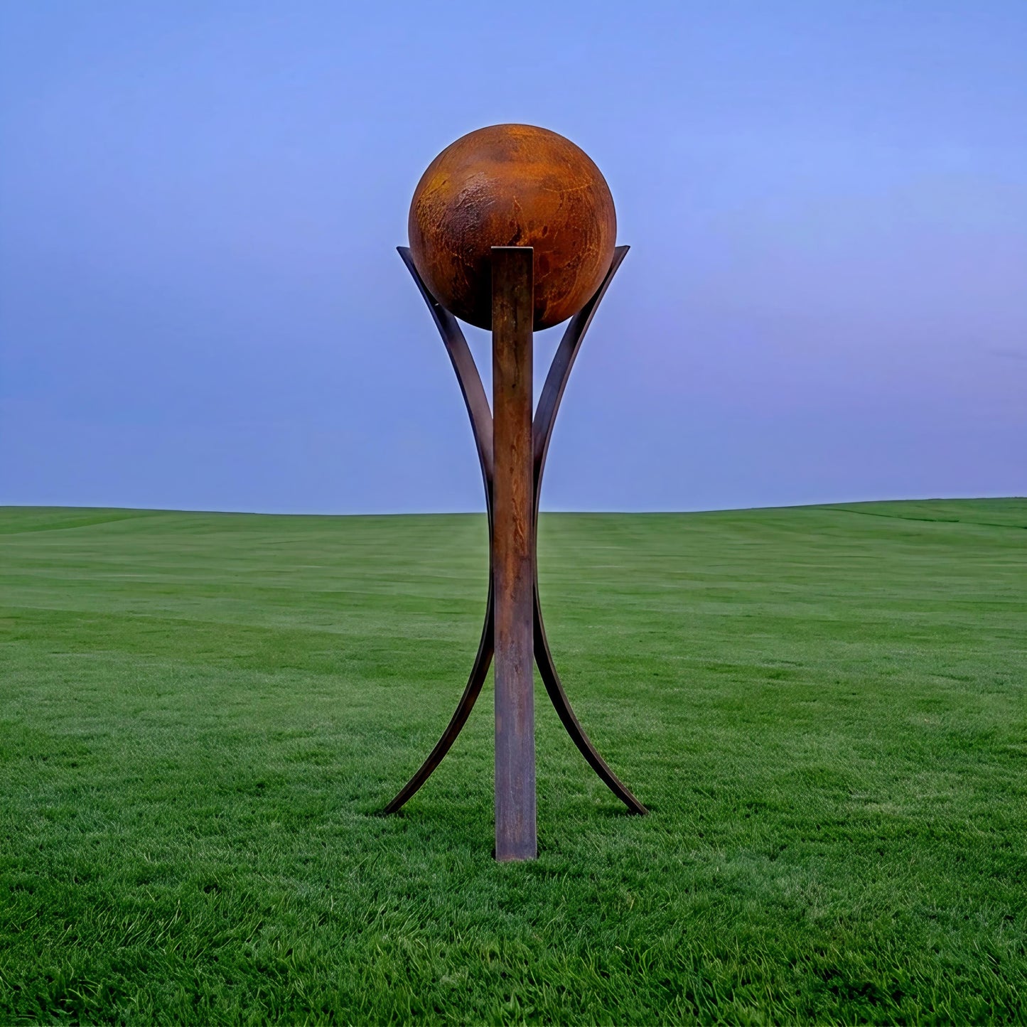a large, rusted metal sculpture of a ball standing on a grassy field against a clear blue sky.