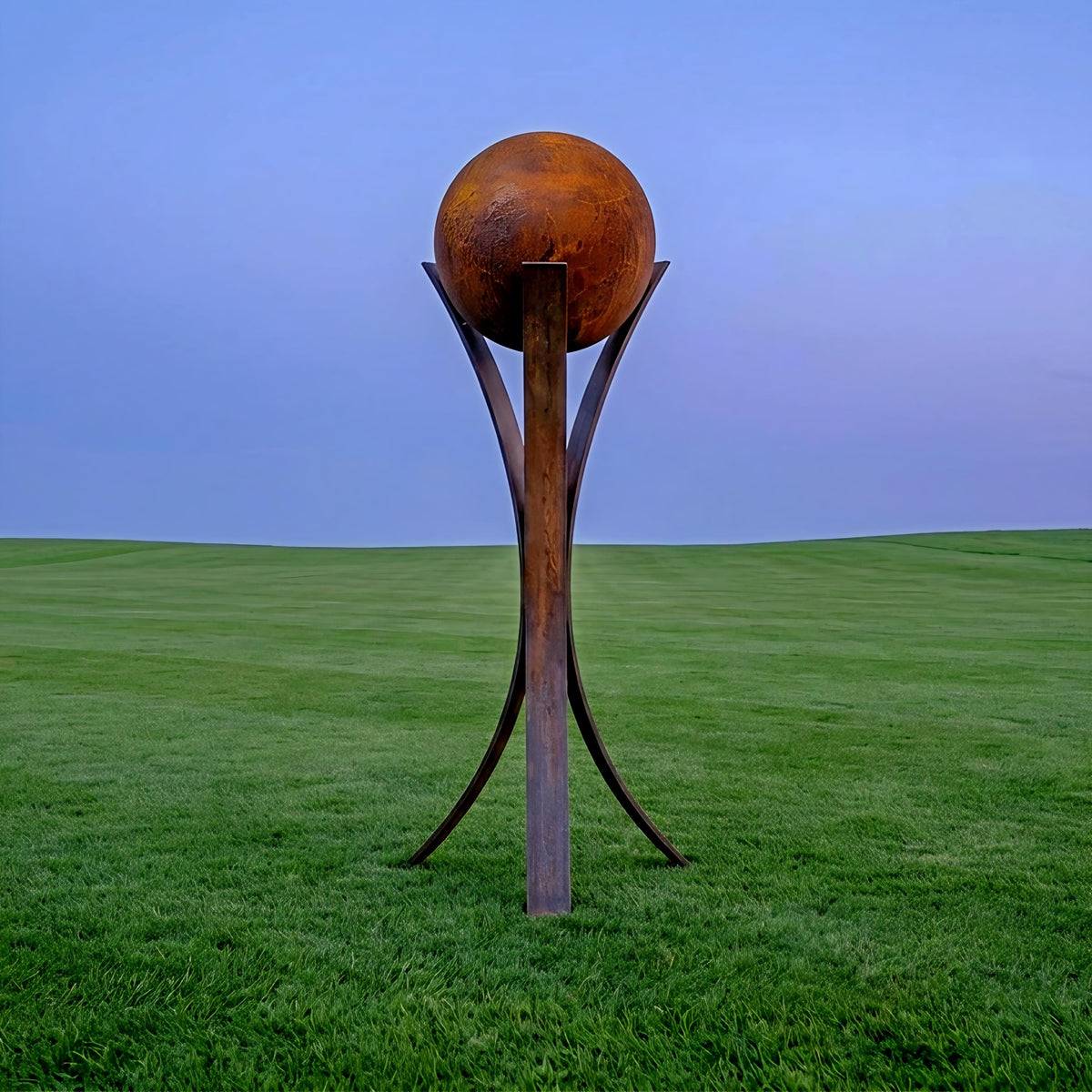 a large, rusted metal sculpture of a ball standing on a grassy field against a clear blue sky.