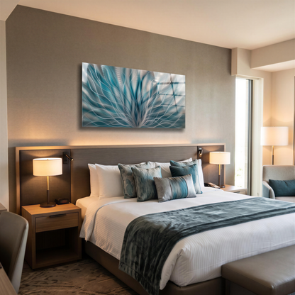 a bedroom with a large bed and a painting on the wall