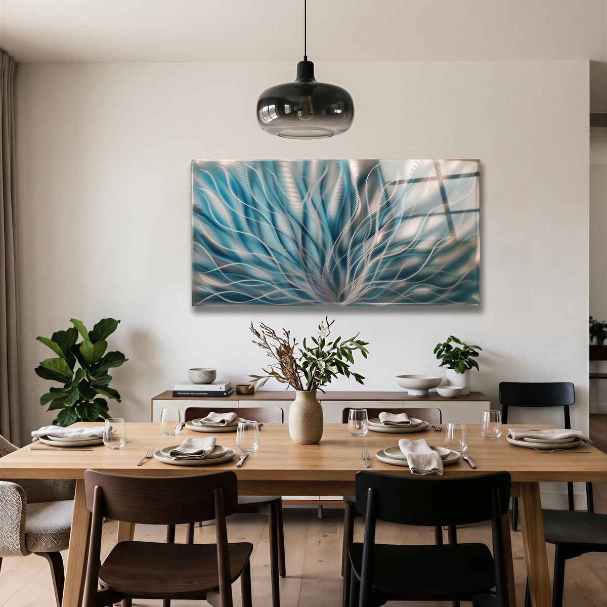 a dining room table with chairs and a painting on the wall