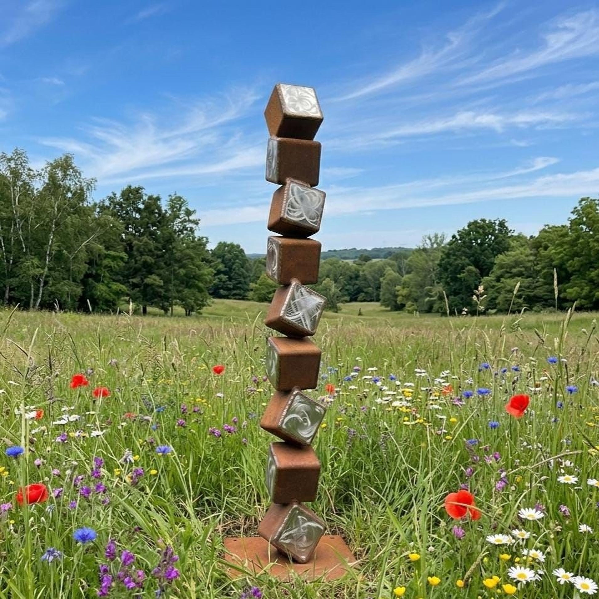 A tall, rust-colored sculpture composed of stacked cubes stands in a field of colorful wildflowers, with a clear blue sky and trees in the background.