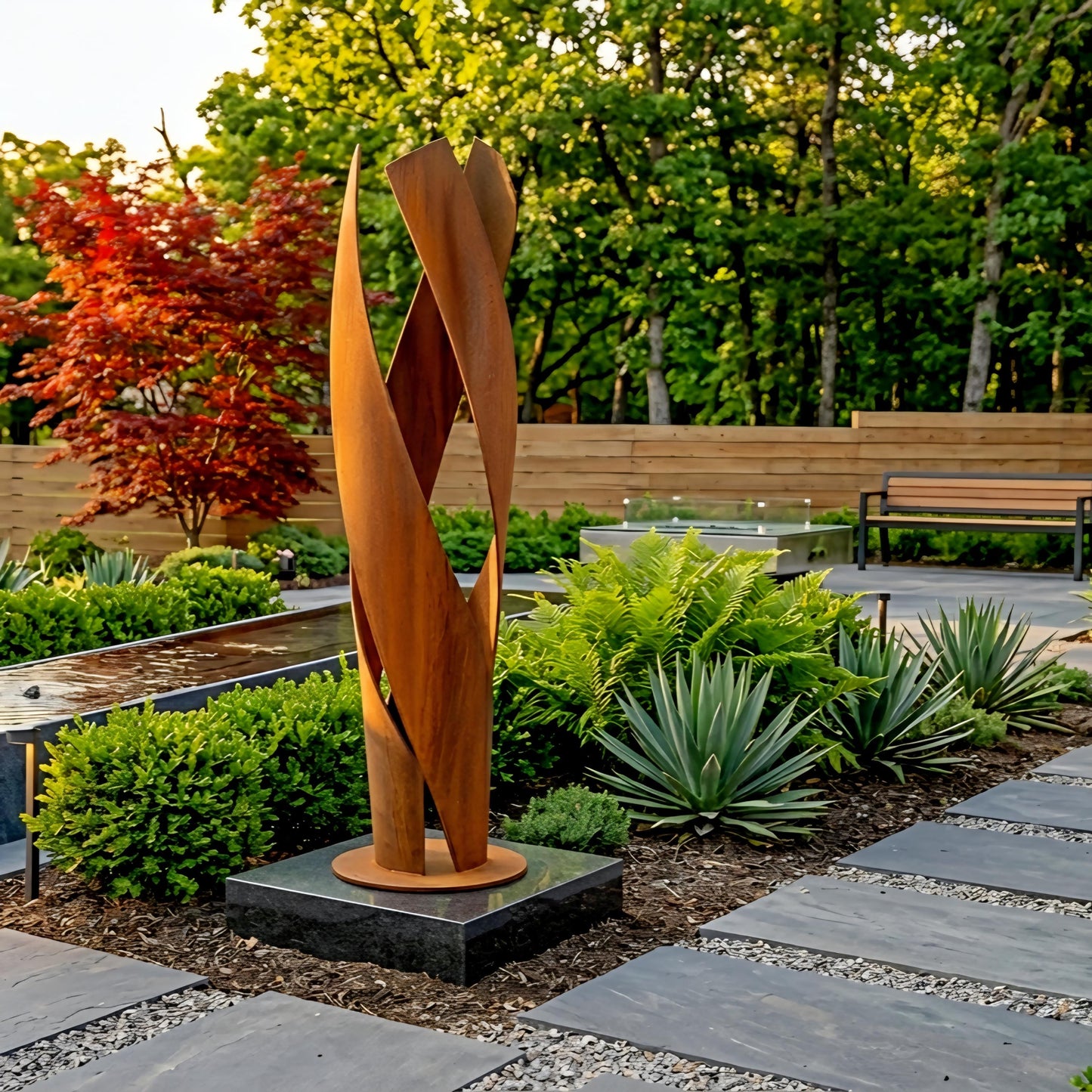 a modern garden with a unique, abstract sculpture made of metal standing in the center. The garden is surrounded by lush greenery, including various plants and trees, creating a serene and tranquil atmosphere.