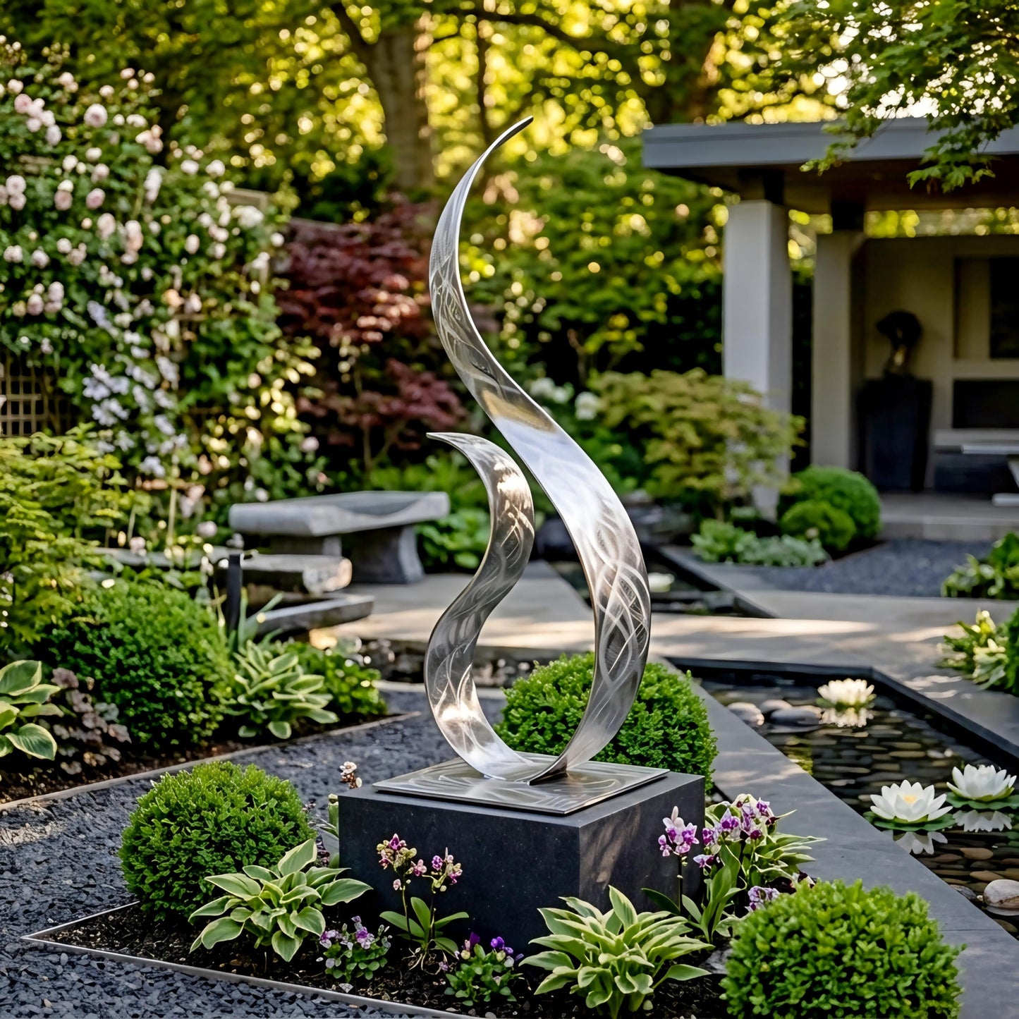 A modern, abstract metal sculpture stands in a lush garden, surrounded by various plants and flowers.
