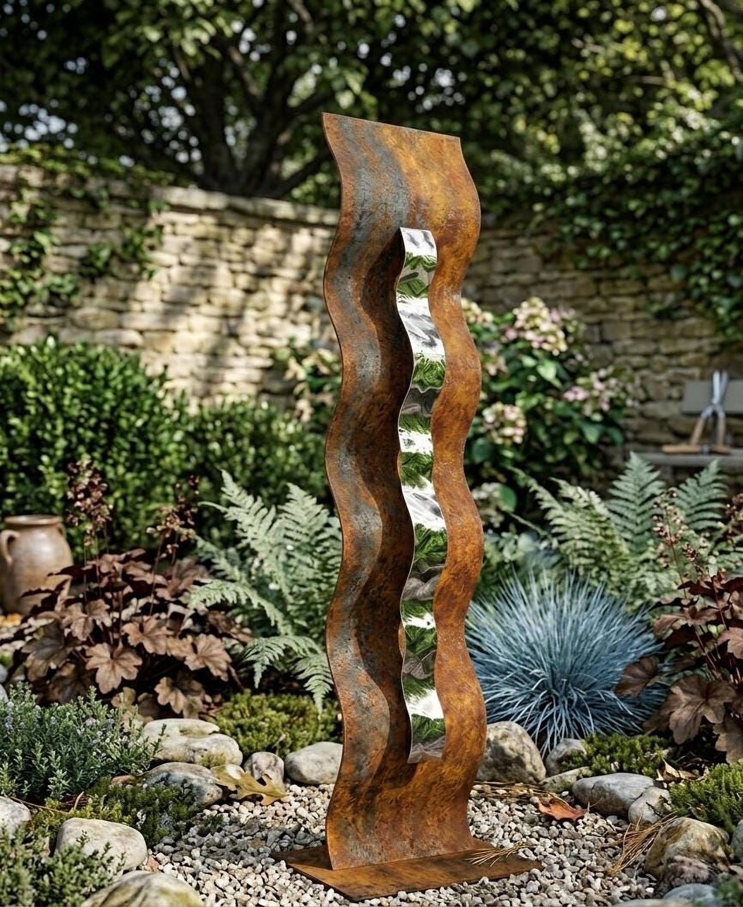 a tall, rust-colored metal sculpture with a vertical, wavy design, standing in a garden surrounded by various plants and rocks.