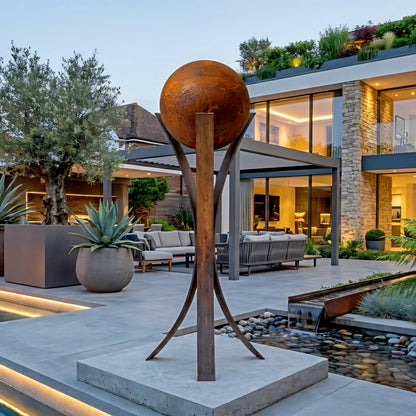 a modern outdoor living space with a large, circular sculpture in the foreground, a stone building with a glass roof, and a pool with a waterfall feature.