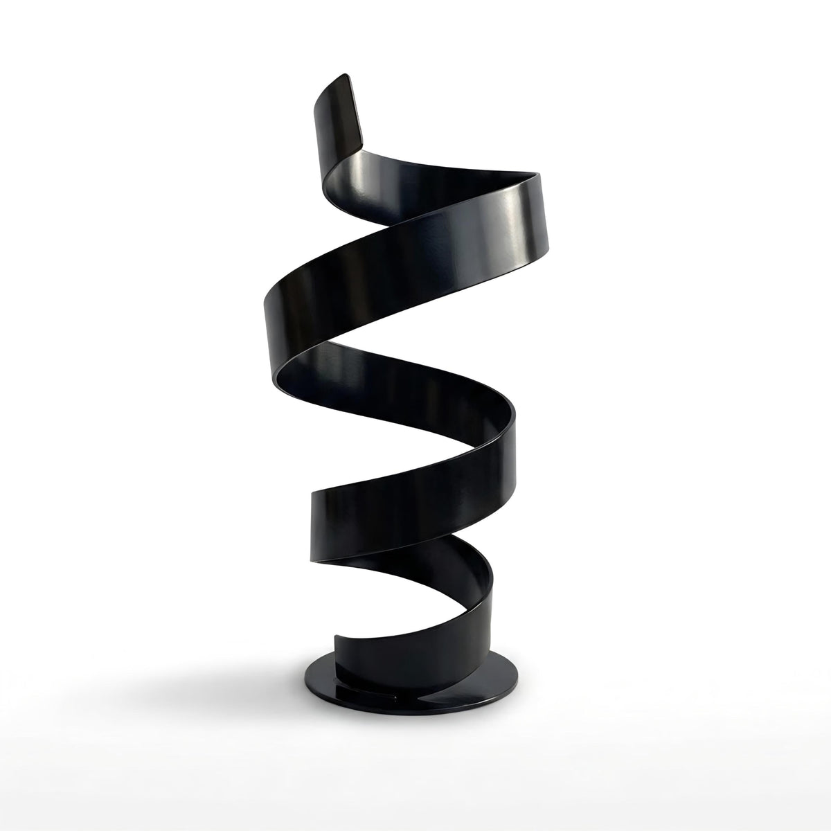 A black spiral sculpture stands alone against a white background.