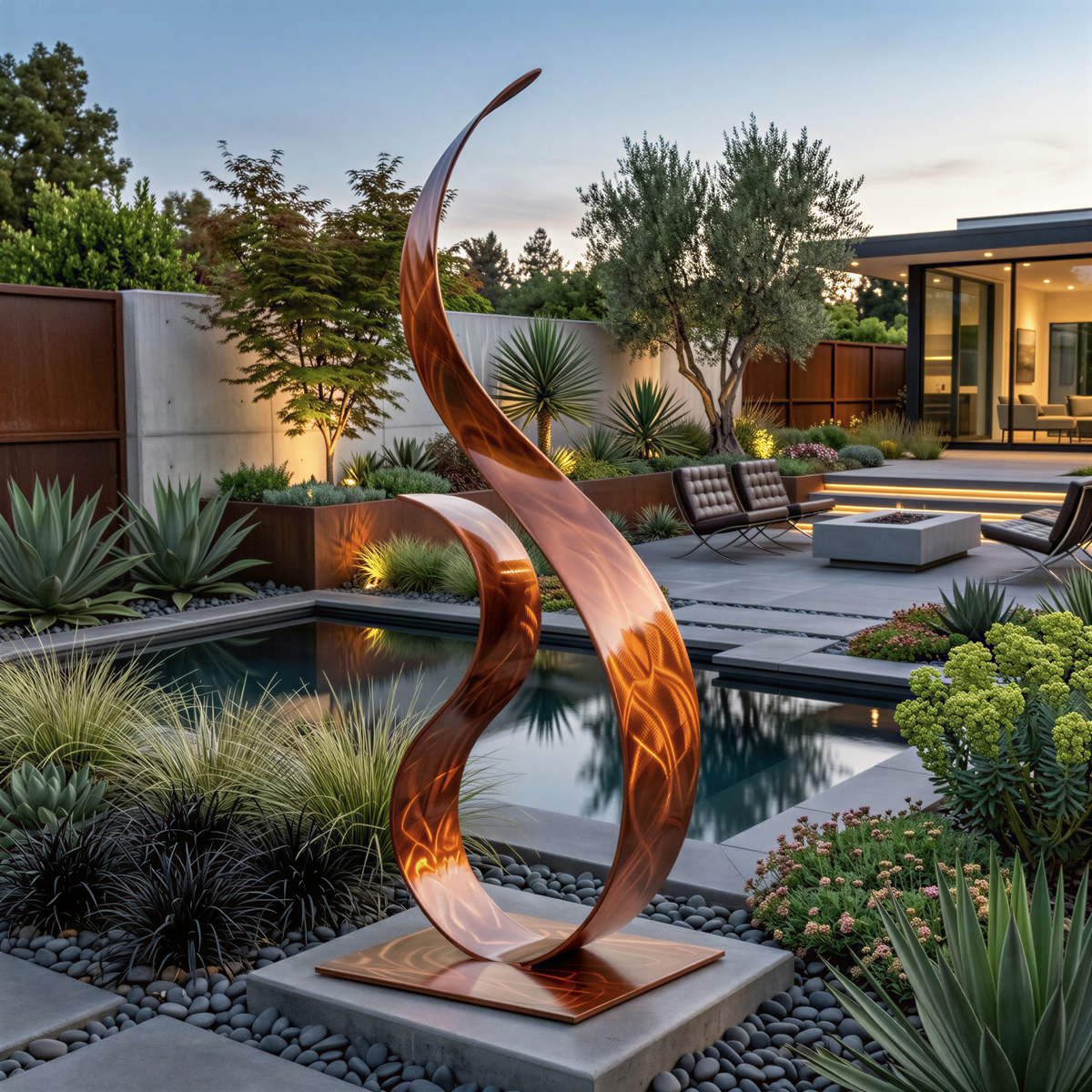 a modern garden with a large, abstract sculpture in the foreground, surrounded by various plants and a pool.