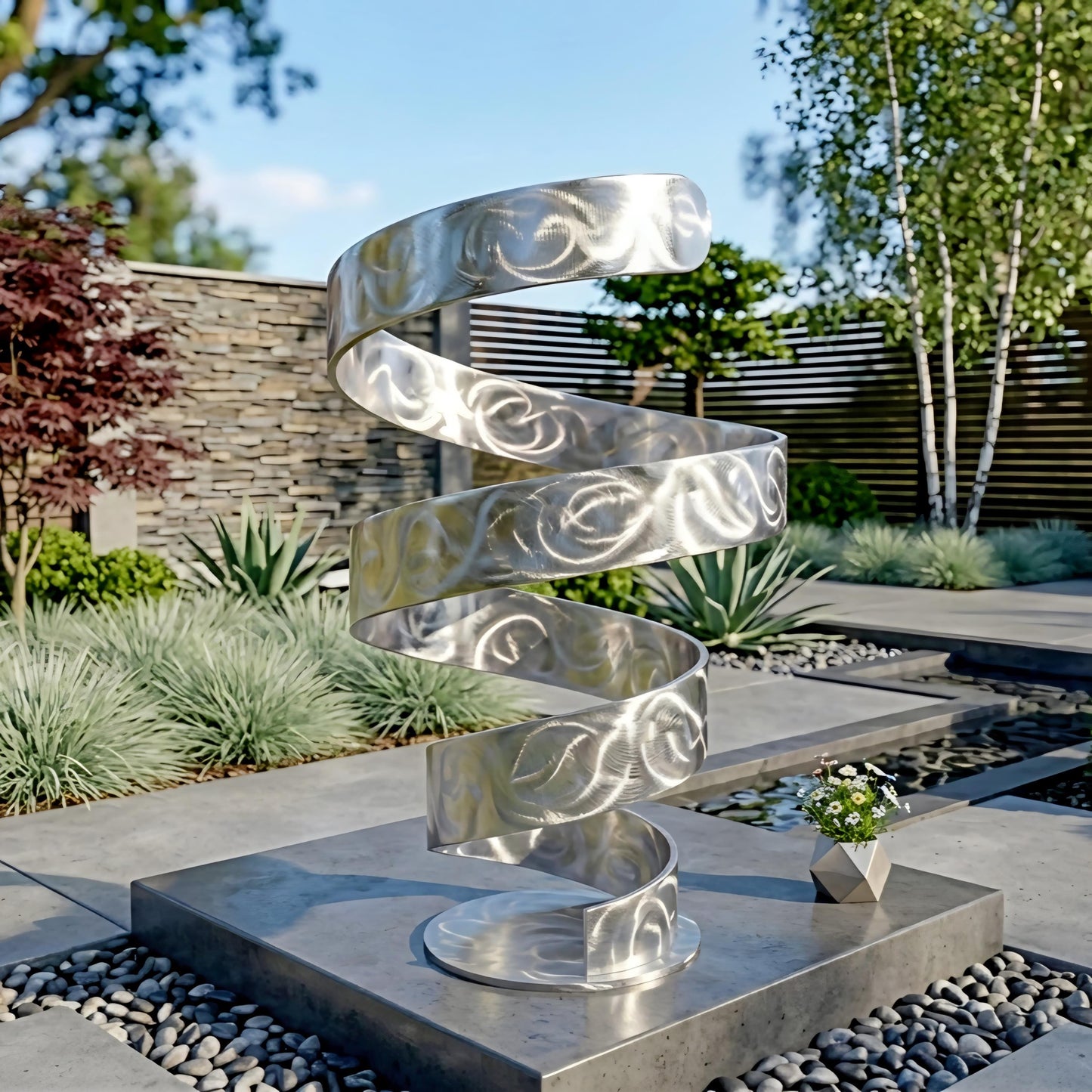 A modern, abstract metal sculpture with a spiral-like design stands in a garden setting, surrounded by greenery and a stone wall.