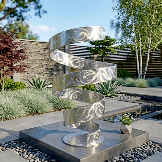 A modern, abstract metal sculpture with a spiral-like design stands in a garden setting, surrounded by greenery and a stone wall.
