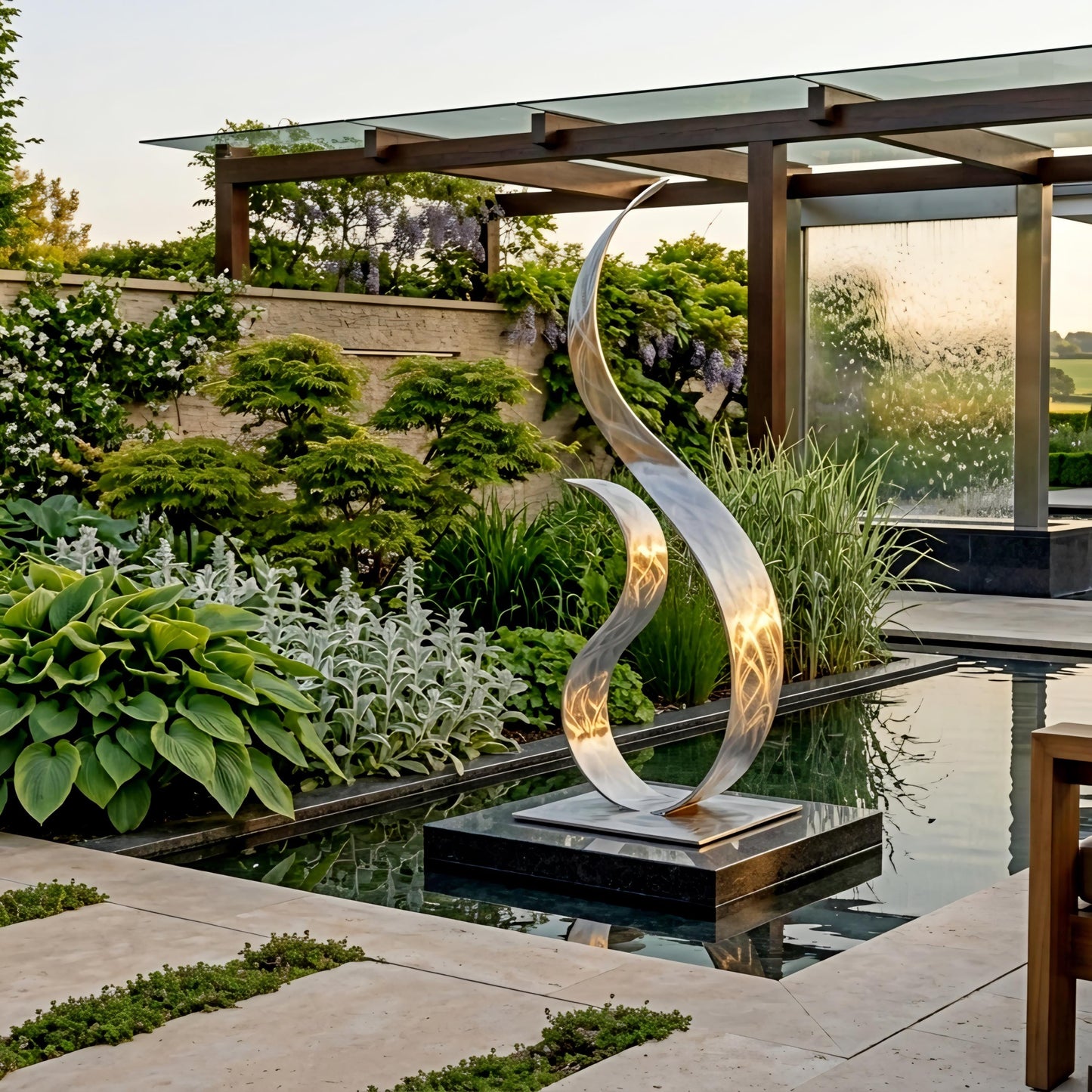 a modern garden with a large, curved metal sculpture in the center of a tranquil pond. The garden is lush with greenery and plants, creating a serene and inviting atmosphere.
