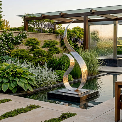 a modern garden with a large, curved metal sculpture in the center of a tranquil pond. The garden is lush with greenery and plants, creating a serene and inviting atmosphere.