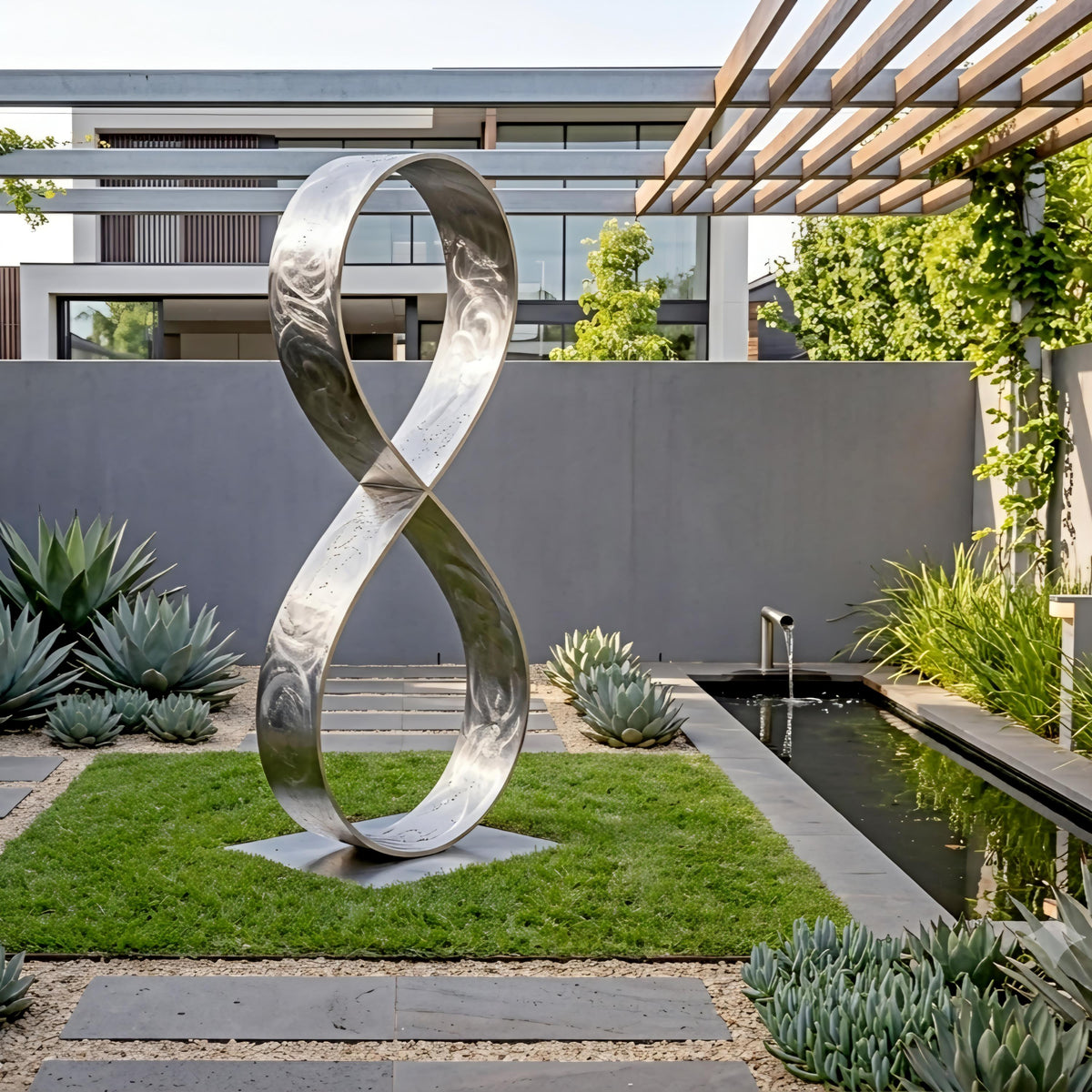 a modern garden with a large metal sculpture resembling an infinity symbol, surrounded by lush greenery and a small pond.