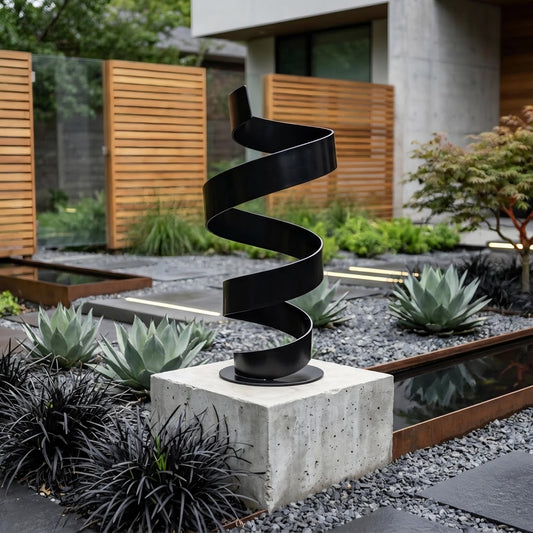 a modern garden sculpture with a spiral-like design, situated in a well-maintained garden with various plants and a concrete base.