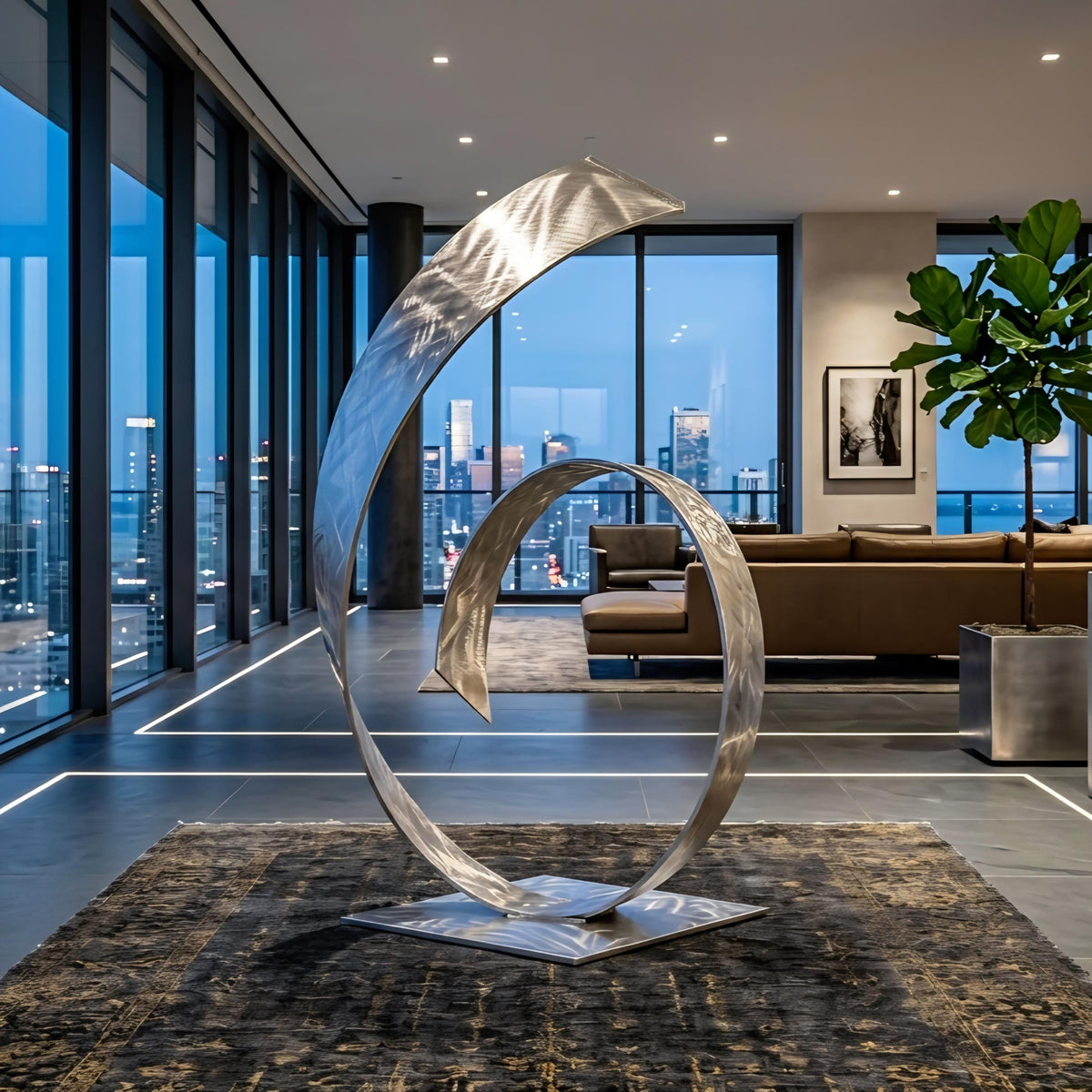 a modern living room with a large, abstract metal sculpture in the center. The room has large windows that provide a view of the city skyline, and the furniture includes a sofa and a potted plant.