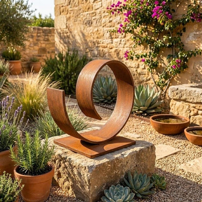 a rust-colored metal sculpture with a curved, organic shape, placed in a garden setting surrounded by various plants and flowers.