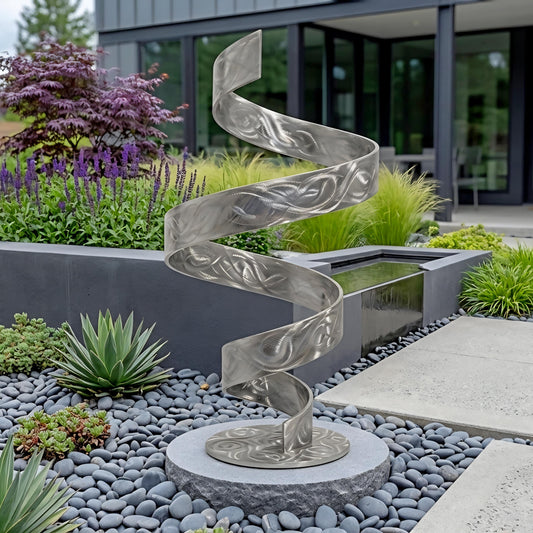 a modern, abstract metal sculpture with a spiral design, situated in a garden setting with various plants and a stone path.